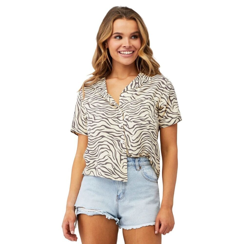 BeachGold Tina Shirt in Swirl Animal Large Womens Button Down Blouse Top